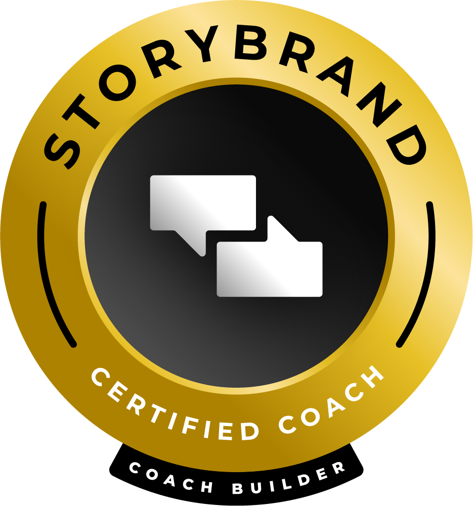 Gold and black circular badge with "StoryBrand Certified Coach" text and two speech bubble icons in the center.