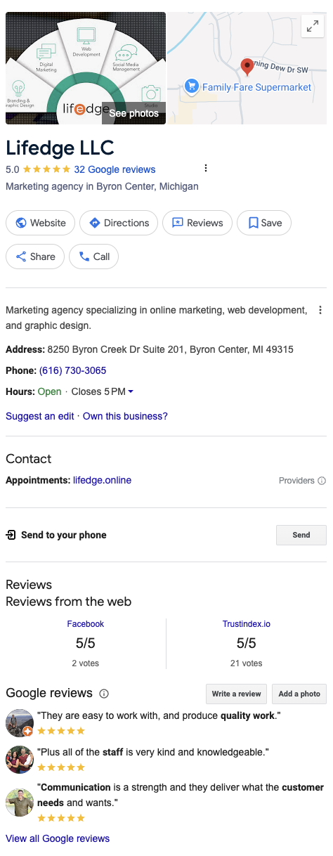 Google business profile for Lifedge LLC, a marketing agency in Byron Center, MI, reveals the Secrets of Google Business Profile with contact details, hours, website link, and positive customer reviews.