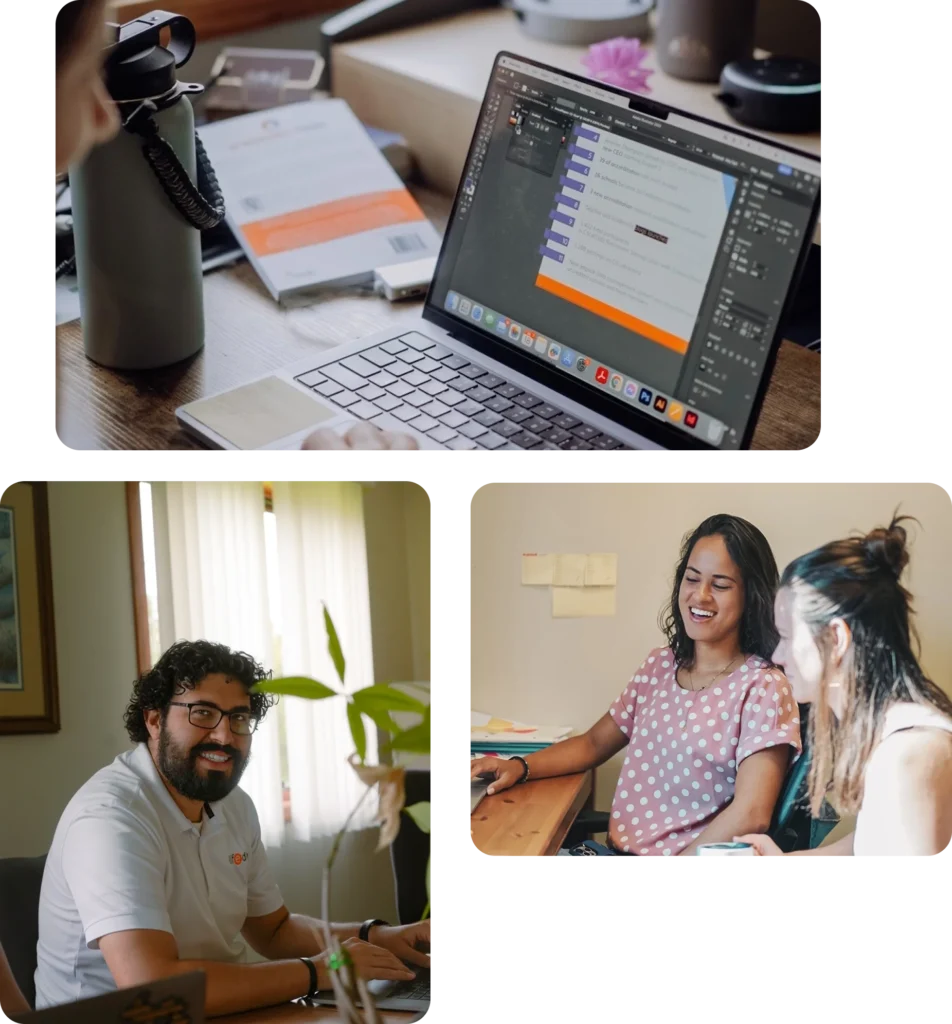 A laptop displaying a design program, a man sitting at a desk, and two women smiling while working together at a table.