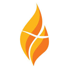 An abstract orange and yellow flame design with two white curved lines crossing through it, set against a white background.
