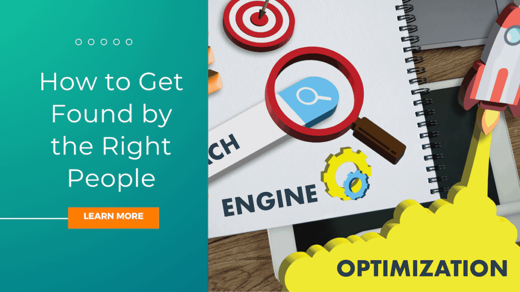 A digital graphic with text "How to Get Found by the Right People" and "OPTIMIZATION," featuring a magnifying glass, rocket, gears, and a "LEARN MORE" button—perfect for SEO Christian camps and retreat centers.